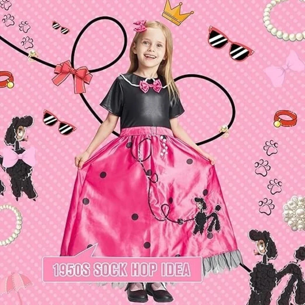 IKALI Kids Girls 50s Sock Hop Costume, Fancy Dress Poodle Skirt Outfit 7-8 Year